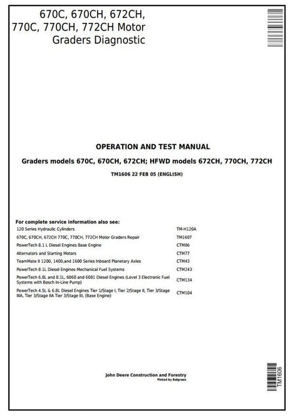 John Deere 670C, 670CH, 672CH, 770C, 770CH, 772CH Motor Grader Technical Manual