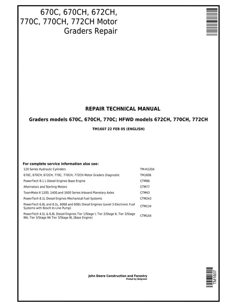 John Deere 670C, 670CH, 672CH, 770C, 770CH, 772CH Motor Grader Technical Manual