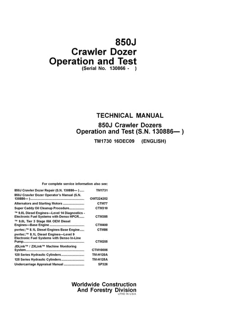 Pdf TM1730 John Deere 850J Crawler Dozer Diagnostic & Test Service Manual