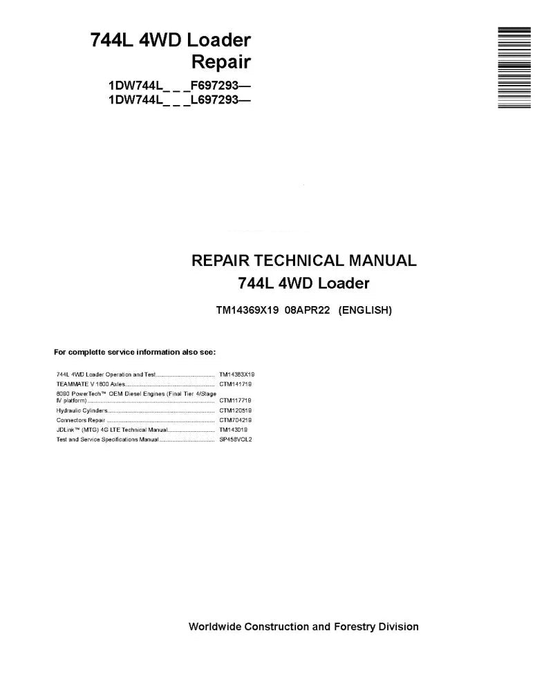 John Deere 744L 4WD Wheel Loader Service Repair Manual TM14369X19