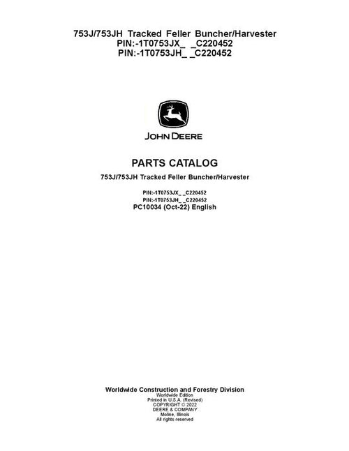 Pdf PC10034 John Deere 753J, 753JH Tracked Feller Buncher Parts Manual