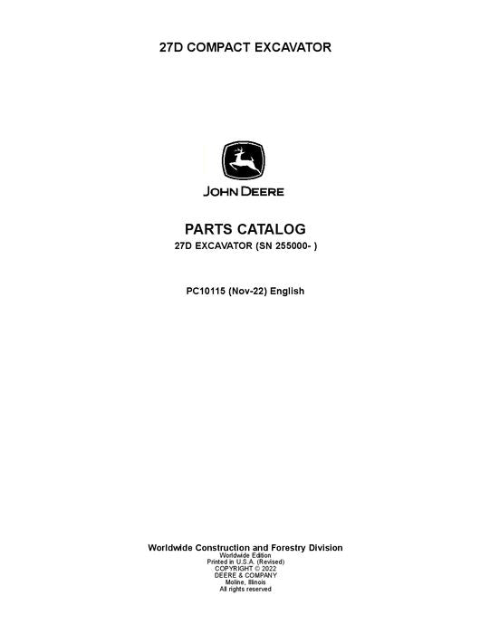 PC10115 - John Deere 27D D Series Excavator Parts Manual S.N after 255000 –