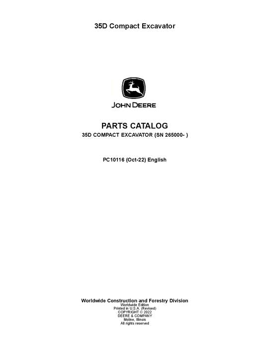 PC10116 - John Deere 35D D Series Excavator Parts Manual S.N. after 265000 –