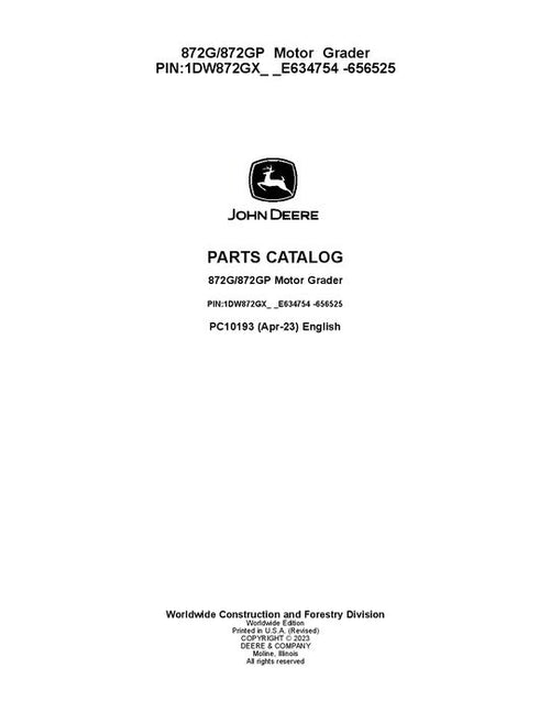 PC10193 - John Deere 872G 872GP G Series Motor Graders Parts Manual