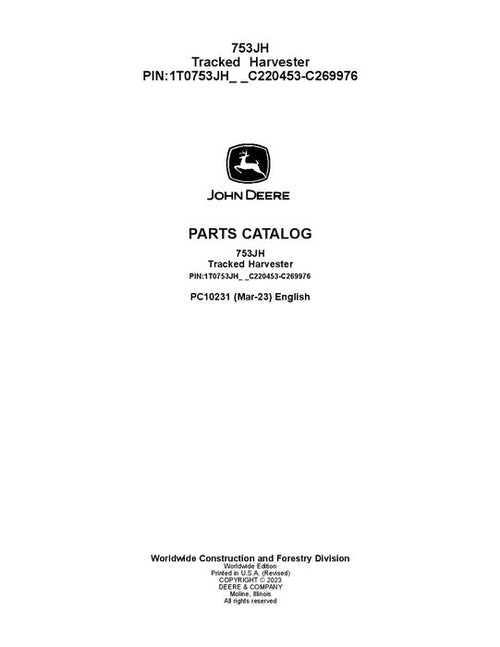 Pdf PC10231 John Deere 753JH Tracked Harvester Parts Manual