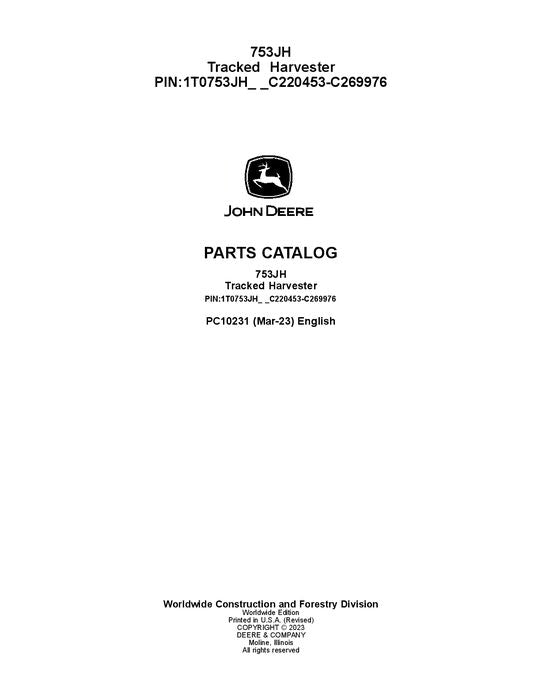 Pdf PC10231 John Deere 753JH Tracked Harvester Parts Manual