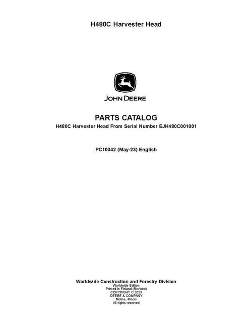 Pdf PC10342 John Deere H480C Harvesting Head Parts Manual