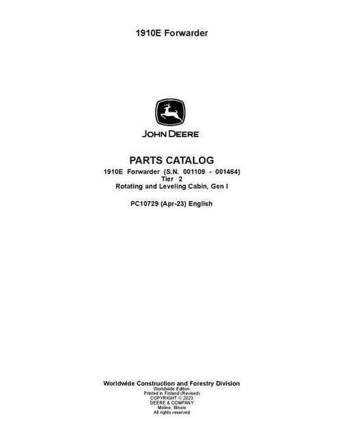 Pdf PC10729 John Deere 1910E T2 Forwarder Parts Manual