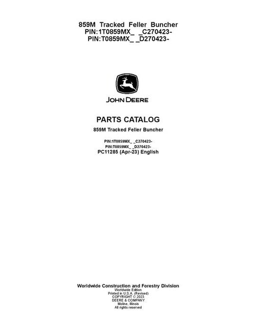 Pdf PC11285 John Deere 859M Tracked Feller Buncher Parts Manual