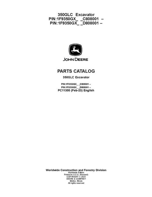 PC11300 - John Deere 350GLC G Series Excavator Parts Manual PIN: 1F9350GX_ _C808001 –