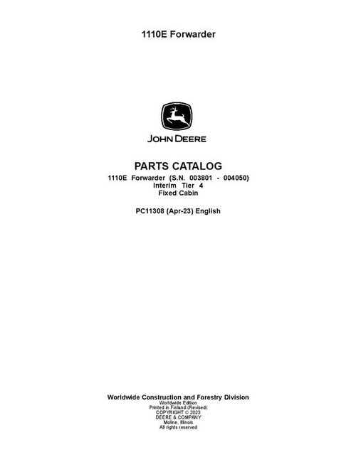 Pdf PC11308 John Deere 1110E IT4 FFC Forwarder Parts Manual