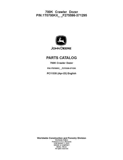 Pdf PC11335 John Deere 700K Crawler Dozer Parts Manual