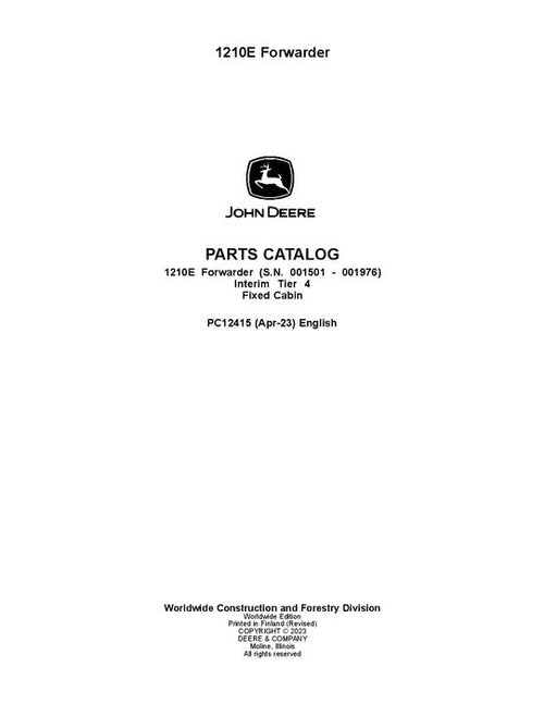 Pdf PC12415 John Deere 1210E IT4 FFC Forwarder Parts Manual