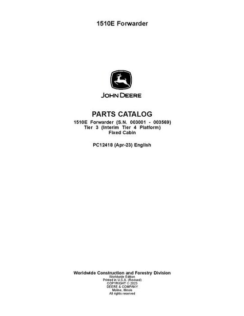 Pdf PC12418 John Deere 1510E IT4 T3 FFC Forwarder Parts Manual