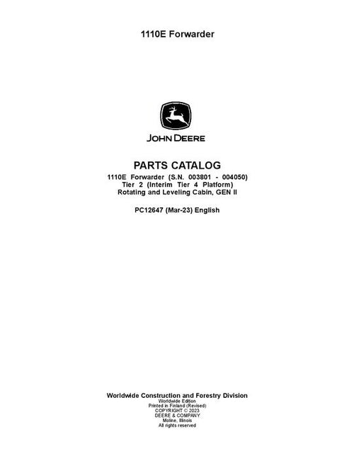 Pdf PC12647 John Deere 1110E IT4 T2 Forwarder Parts Manual