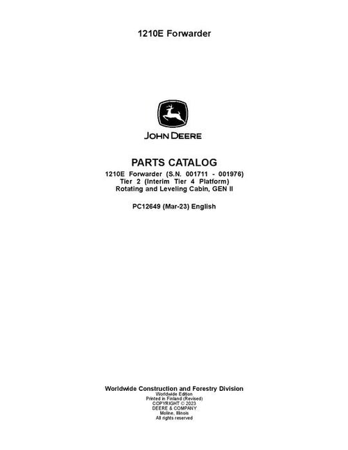 Pdf PC12649 John Deere 1210E IT4 T2 Forwarder Parts Manual