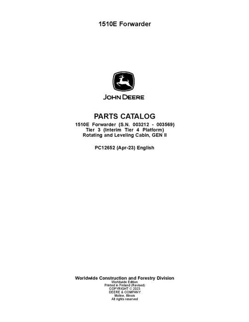 Pdf PC12652 John Deere 1510E IT4 T3 Forwarder Parts Manual