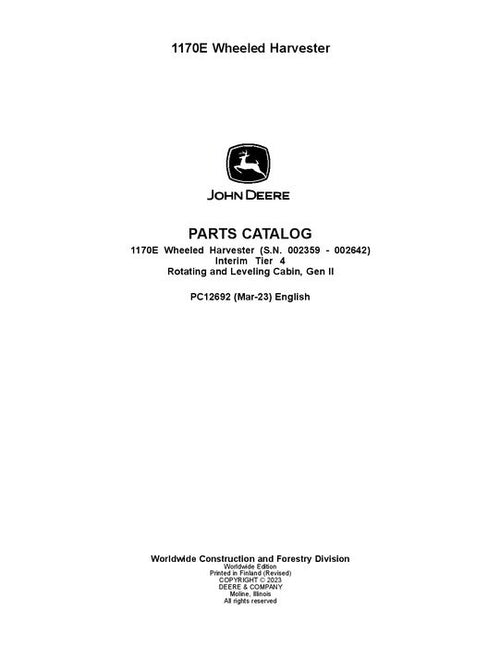 Pdf PC12692 John Deere 1170E IT4 Wheeled Harvester Parts Manual