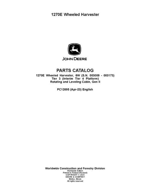 Pdf PC12695 John Deere 1270E IT4 T3 6W Wheeled Harvester Parts Manual