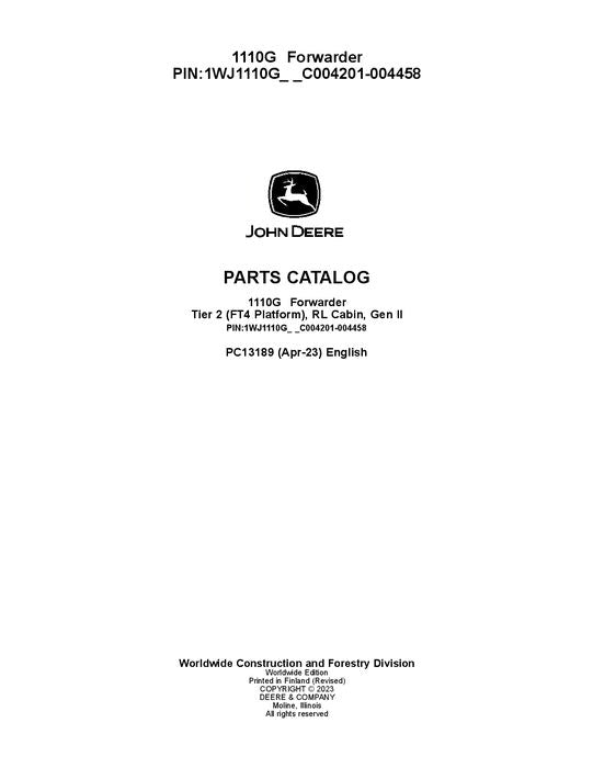 Pdf PC13189 John Deere 1110G T2 RL Forwarder Parts Manual