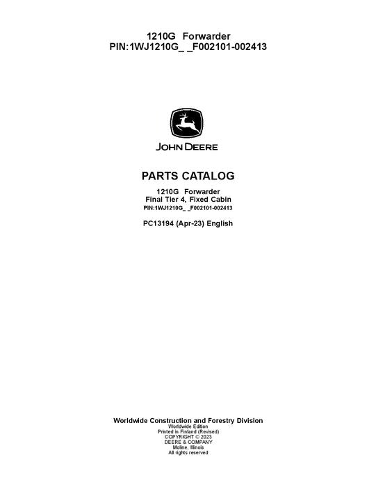 Pdf PC13194 John Deere 1210G FT4 FFC Forwarder Parts Manual