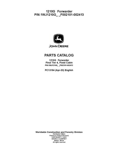 Pdf PC13194 John Deere 1210G FT4 FFC Forwarder Parts Manual