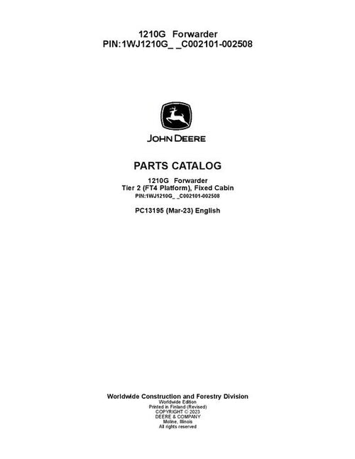 Pdf PC13195 John Deere 1210G T2 FFC Forwarder Parts Manual