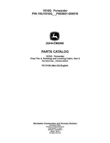 Pdf PC13196 John Deere 1510G FT4 RL Forwarder Parts Manual