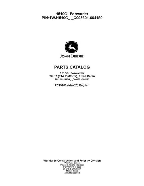 Pdf PC13200 John Deere 1510G T2 FFC Forwarder Parts Manual