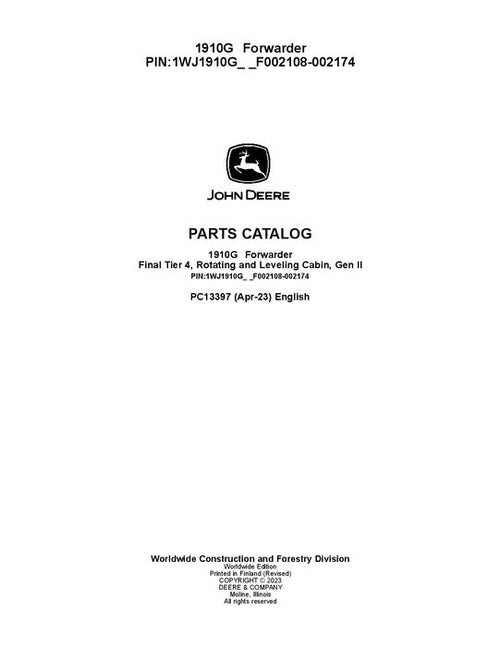 Pdf PC13397 John Deere 1910G Forwarder Parts Manual