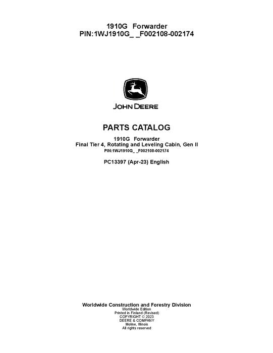 Pdf PC13397 John Deere 1910G Forwarder Parts Manual