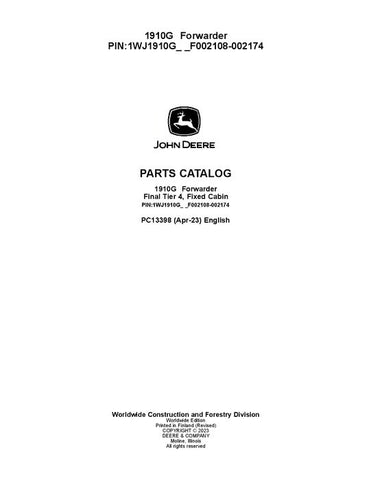 Pdf PC13398 John Deere 1910G Forwarder Parts Manual