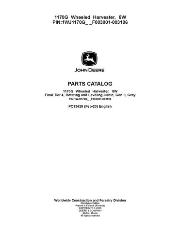 Pdf PC13429 John Deere 1170G Wheeled Harvester Parts Manual