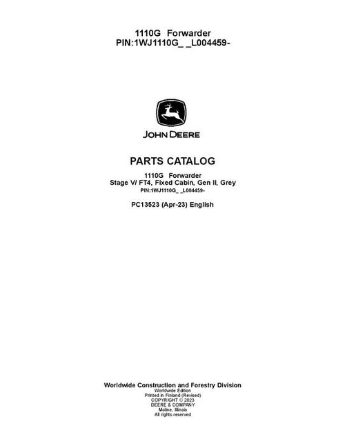 Pdf PC13523 John Deere 1110G FT4 FFC Forwarder Parts Manual