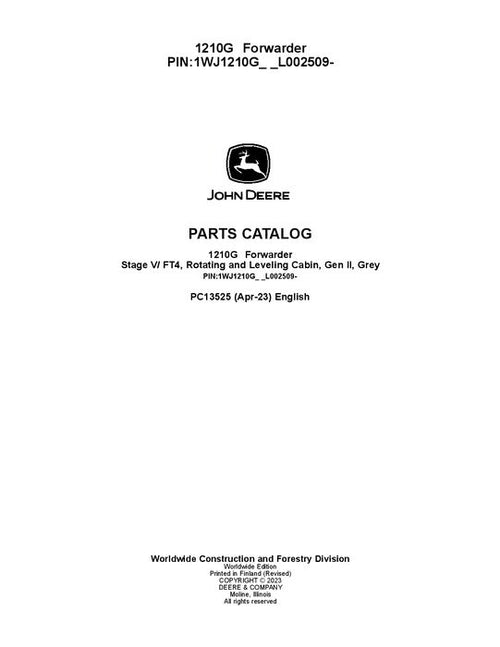 Pdf PC13525 John Deere 1210G FT4 RL Forwarder Parts Manual