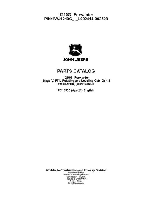 Pdf PC13556 John Deere 1210G FT4 RL Forwarder Parts Manual