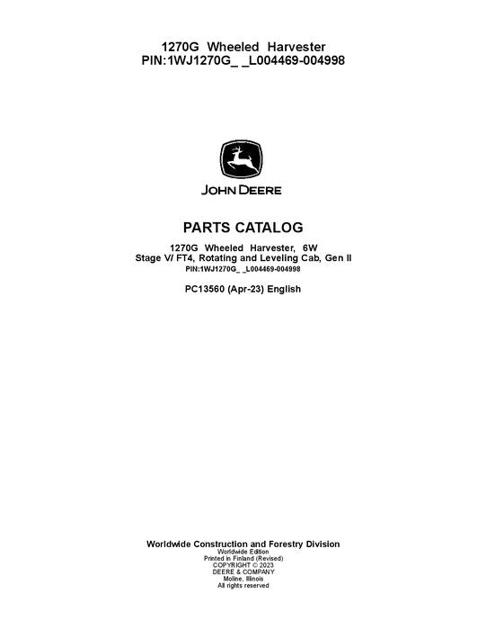 Pdf PC13560 John Deere 1270G 6W Wheeled Harvester Parts Manual