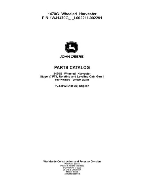 Pdf PC13562 John Deere 1470G Wheeled Harvester Parts Manual