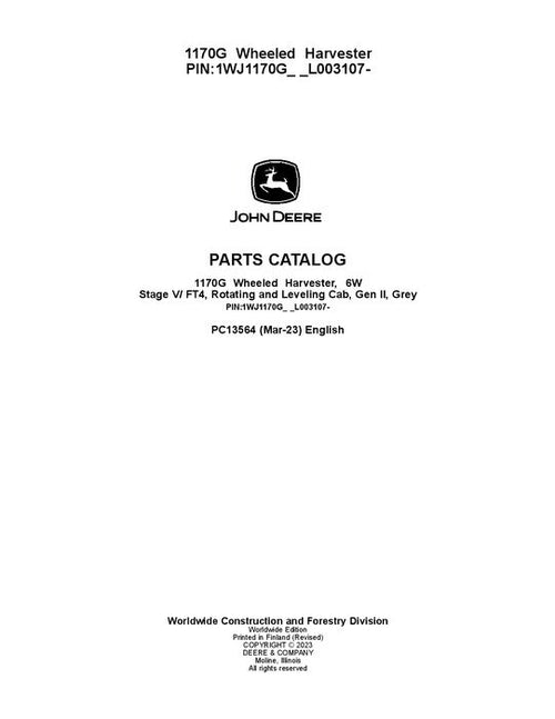 Pdf PC13564 John Deere 1170G Forwarder Parts Manual