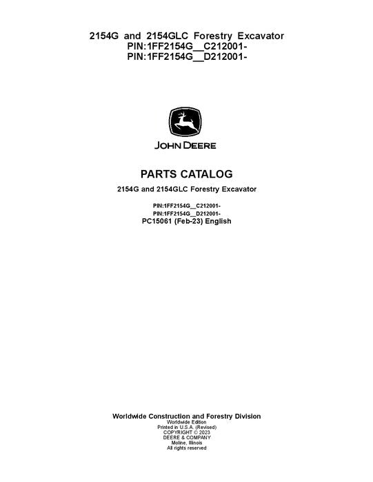 Pdf PC15061 John Deere 2154G, 2154GLC Forestry Excavator Parts Manual