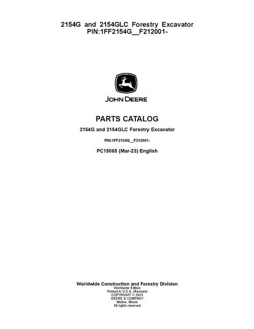 Pdf PC15065 John Deere 2154G, 2154GLC Forestry Excavator Parts Manual