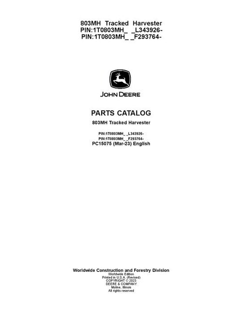 Pdf PC15075 John Deere 803MH Tracked Harvester Parts Manual