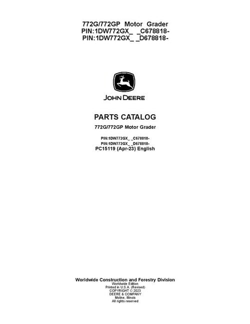 PC15119 - John Deere 772G 772GP G Series Motor Graders Parts Manual