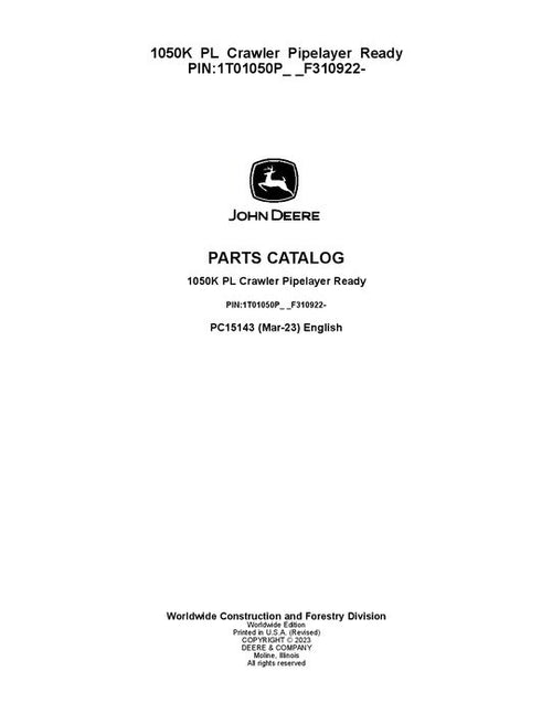 Pdf PC15143 John Deere 1050K PL Crawler Loader Parts Manual