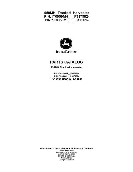 Pdf PC15181 John Deere 959MH Tracked Harvester Parts Manual