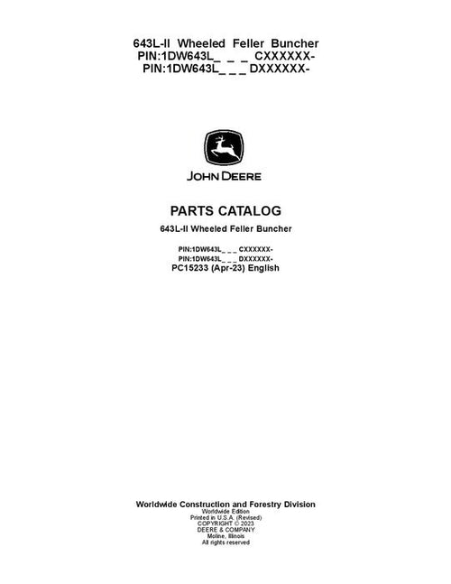 Pdf PC15233 John Deere 643L-II Wheeled Feller Buncher Parts Manual