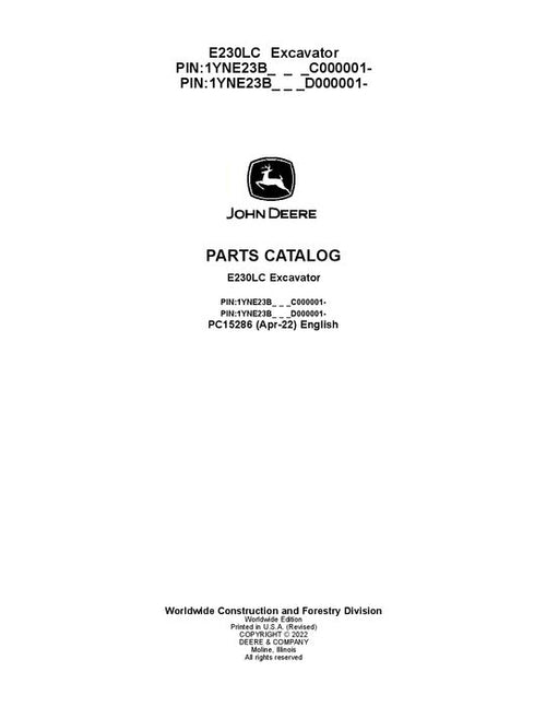 PC15286 - John Deere E230LC L Series Excavator Parts Manual