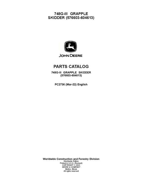 Pdf PC2736 John Deere 748GIII Skidder Parts Manual