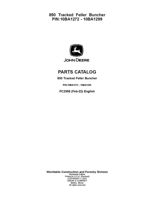 Pdf PC2958 John Deere 850 Tracked Feller Buncher Parts Manual