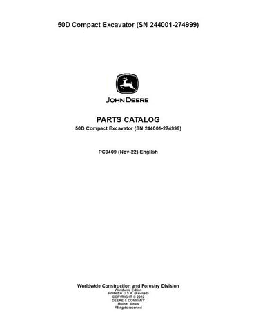 PC9409 - John Deere 50D D Series Excavator Parts Manual S.N. between 244001–274999